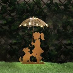 Solar Silhouette Girl & Dog With Umbrella Garden Stake