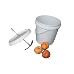 white plastic fruit chopping bucket with metal blade and apples