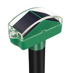 green dual solar panel mole repeller with clear plastic protection and black tube base